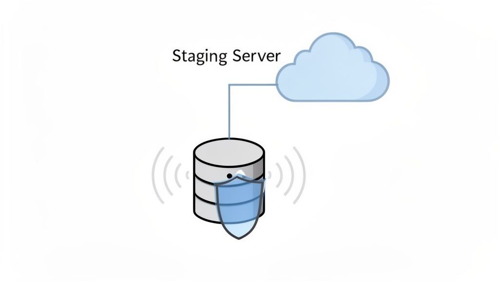 Diagram showing a staging server connected to a cloud and a secure database with network signals.