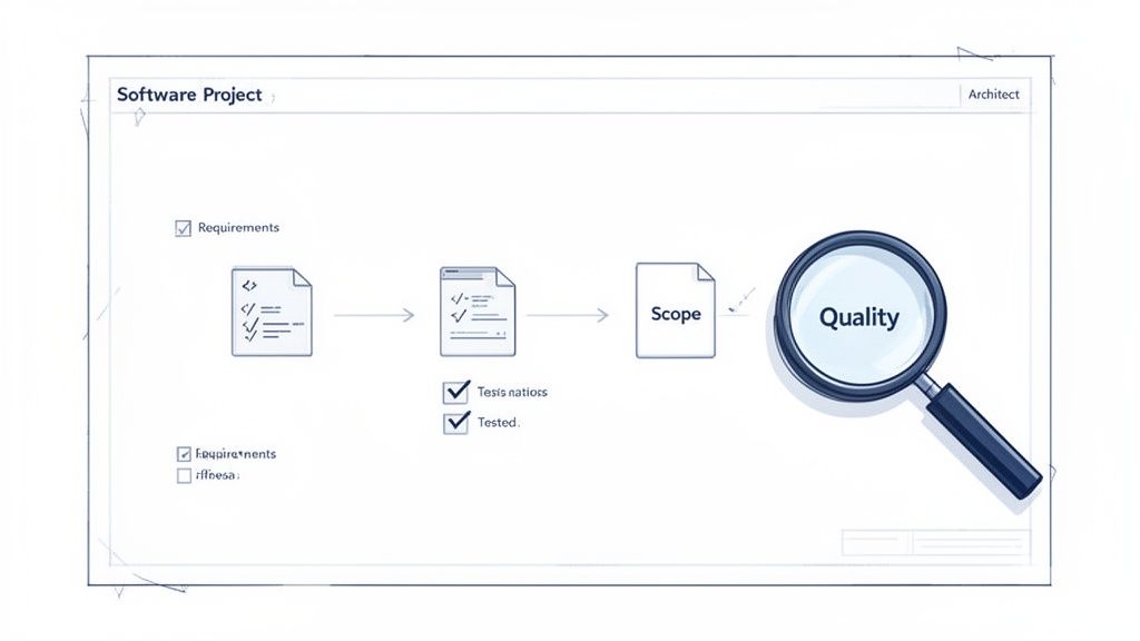 A software project diagram showing requirements, code, test definitions, scope, and a magnifying glass emphasizing quality.