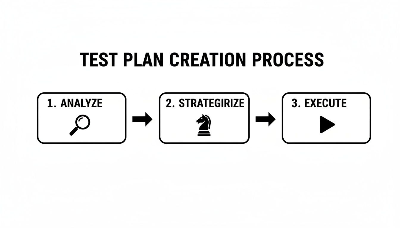 A three-step test plan creation process diagram showing Analyze, Strategize, and Execute with icons.