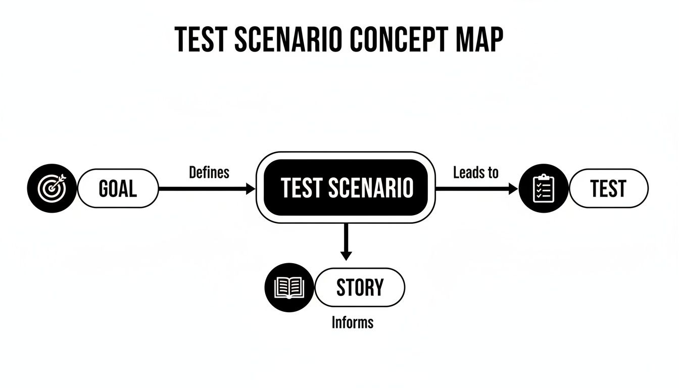A concept map illustrating the relationships between Goal, Test Scenario, Test, and Story in software testing.