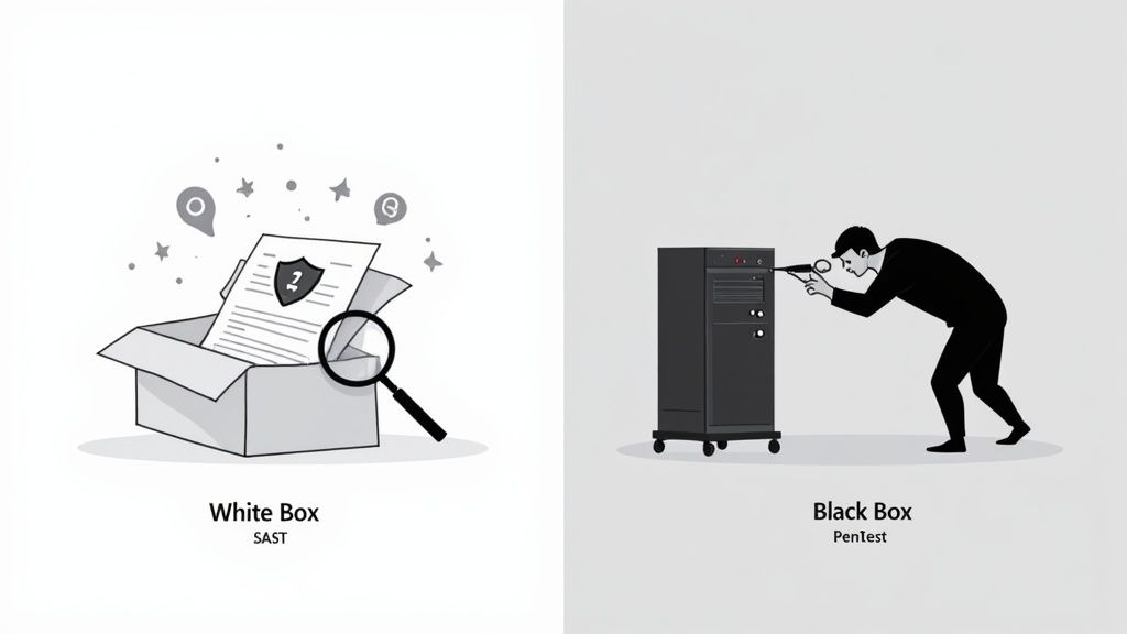 Illustrations comparing white box SAST examining code with black box penetration testing a server.